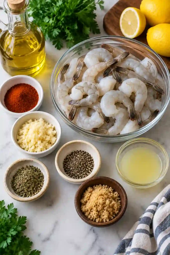 Juicy lemon garlic shrimp grilled until lightly charred and caramelized. The shrimp are marinated with olive oil, fresh garlic, paprika, Italian seasoning, basil, and lemon juice.