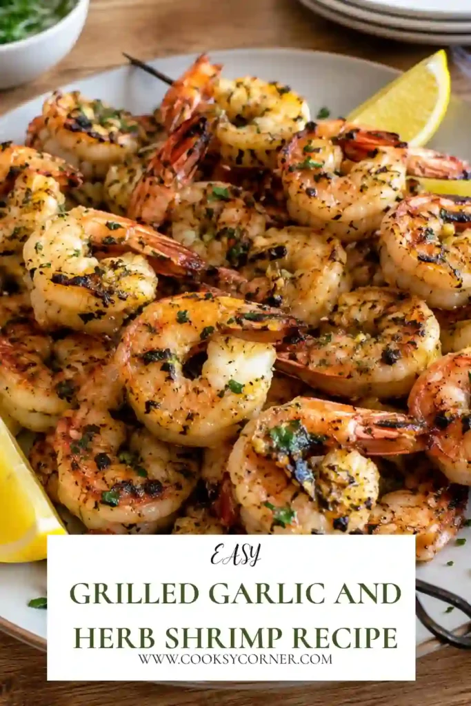 Grilled Garlic and Herb Shrimp with lightly charred edges and a savory lemon garlic marinade. The juicy grilled shrimp are seasoned with paprika, basil, Italian herbs, and olive oil.