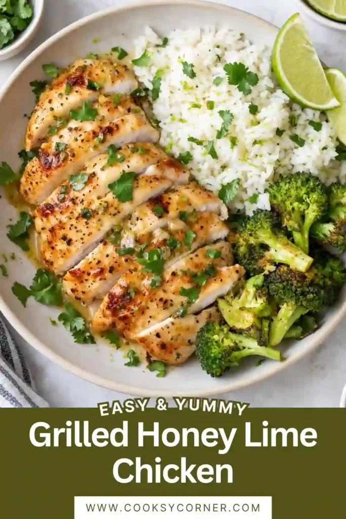 Easy grilled chicken coated in a honey lime marinade with garlic, soy sauce, and cilantro. The chicken thighs are golden brown with smoky charred edges and a juicy center.