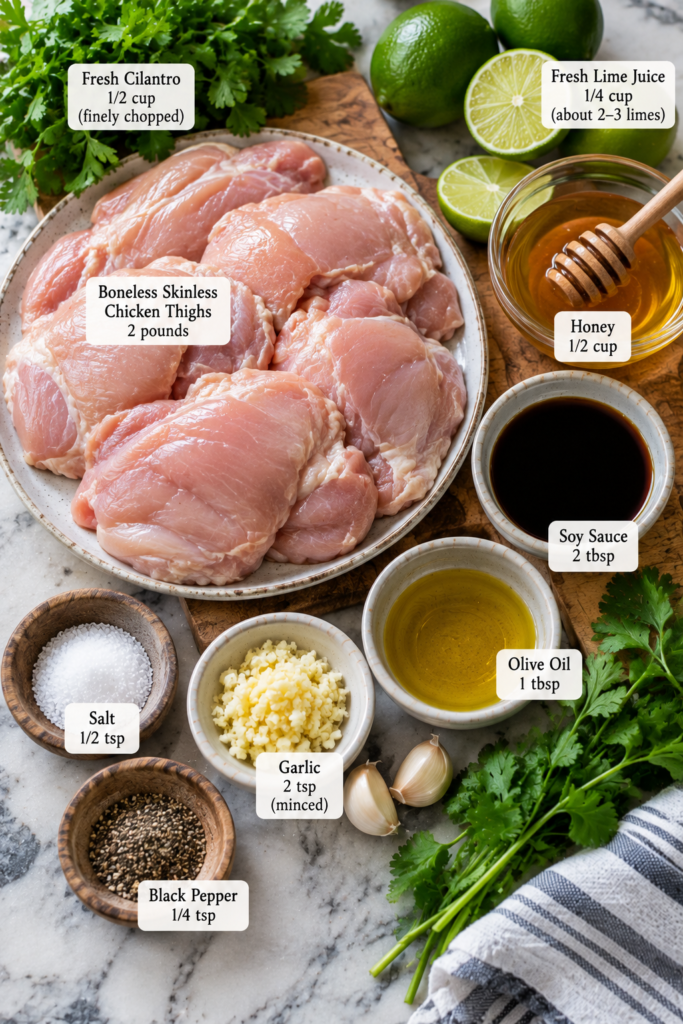 Cilantro lime chicken served with fresh lime wedges and herbs after grilling. Honey creates a glossy caramelized surface while garlic and soy sauce add savory flavor.