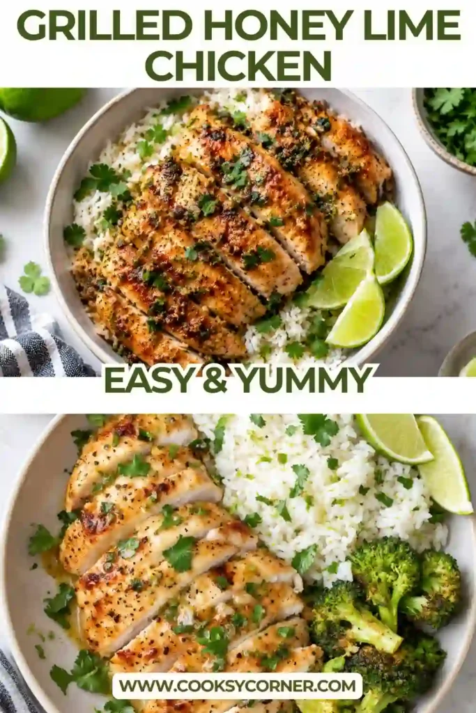 Honey lime chicken thighs fresh from the grill with golden caramelized edges and dark grill marks. Fresh cilantro and lime wedges add bright color to the sweet and savory chicken.