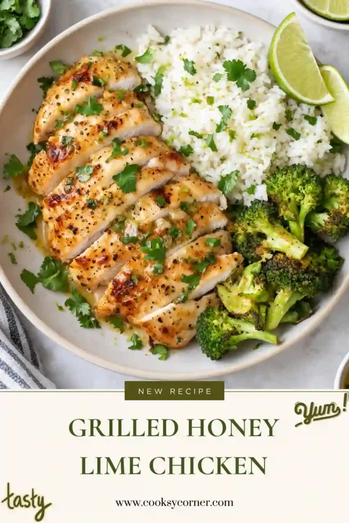 Grilled Honey Lime Chicken with juicy caramelized chicken thighs, fresh lime wedges, and chopped cilantro. The chicken has smoky grill marks and a glossy honey lime finish.