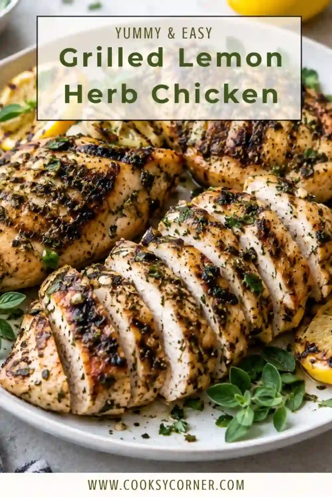 Mediterranean Grilled Lemon Herb Chicken served with caramelized lemon halves and fresh green herbs. The chicken breasts have golden grill marks and a juicy center.