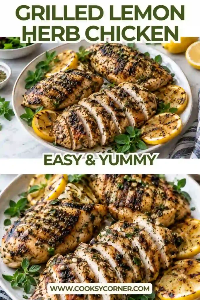 Juicy Grilled Lemon Herb Chicken breasts garnished with fresh oregano, rosemary, and grilled lemon. Golden edges and dark grill marks give the lemon garlic chicken a flavorful grilled finish.