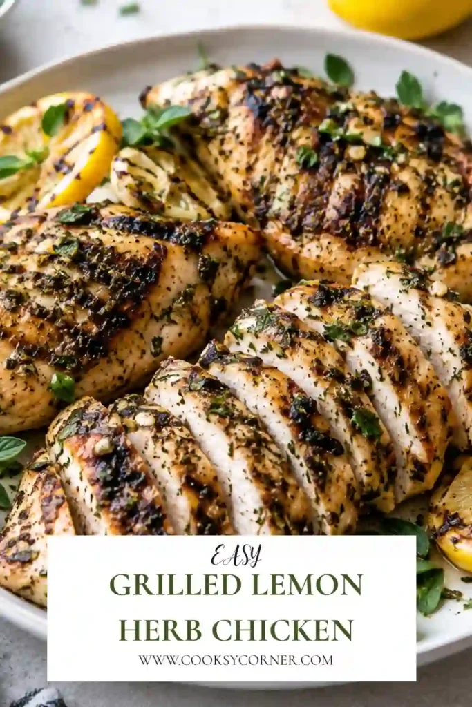 Grilled Lemon Herb Chicken with golden grill marks, fresh herbs, and charred lemon halves on a serving platter. The juicy grilled chicken is seasoned with garlic, olive oil, and aromatic herbs.