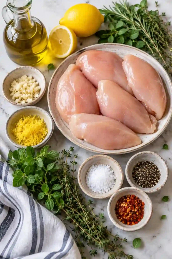 Freshly cooked Grilled Lemon Herb Chicken flavored with garlic, lemon zest, olive oil, and herbs. The golden grilled chicken is served on a platter with charred lemon for squeezing.
