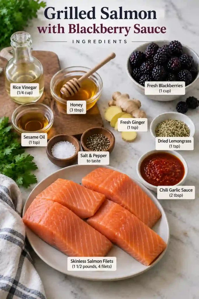 Homemade blackberry salmon featuring golden grilled fish and a sweet-tangy fresh blackberry sauce. Fresh berries and greens create a vibrant presentation around the salmon.