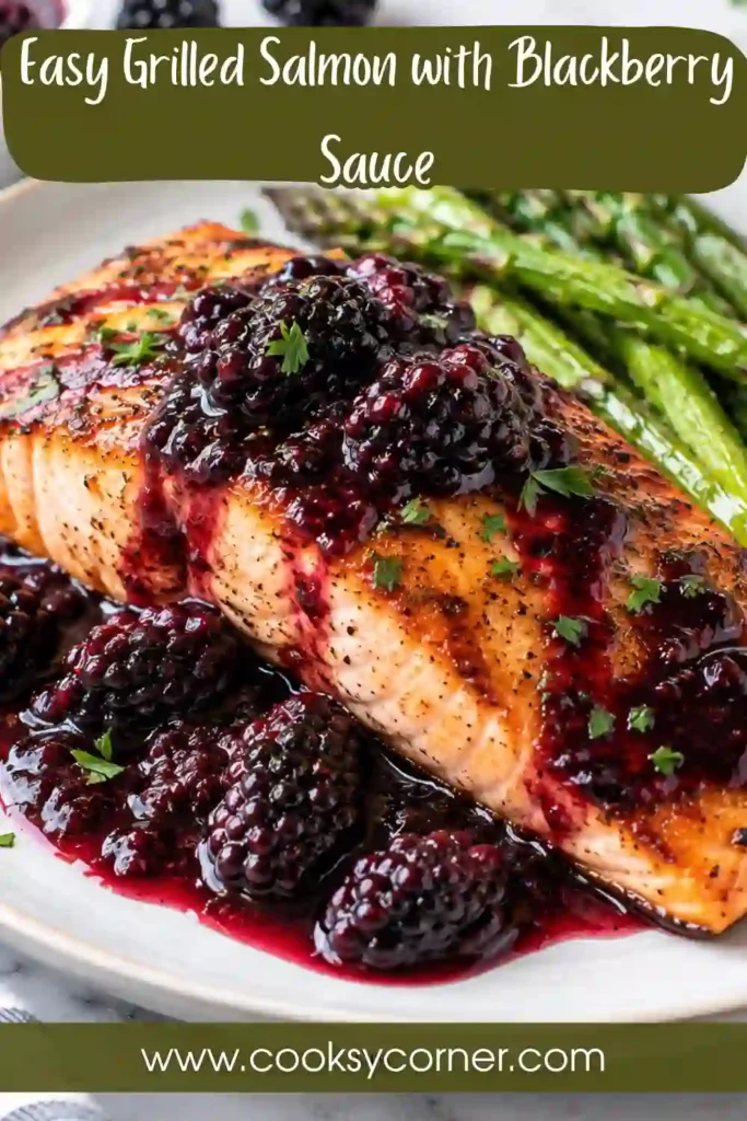 Grilled Salmon with Blackberry Sauce served with juicy fresh blackberries and a glossy purple berry sauce. The golden grilled salmon is paired with fresh herbs and a colorful green vegetable side.