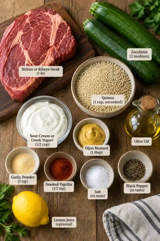 Grilled steak and zucchini served over fluffy quinoa with creamy Dijon garlic sauce. This colorful grilled zucchini bowl combines tender beef, vegetables, and grains in one meal.