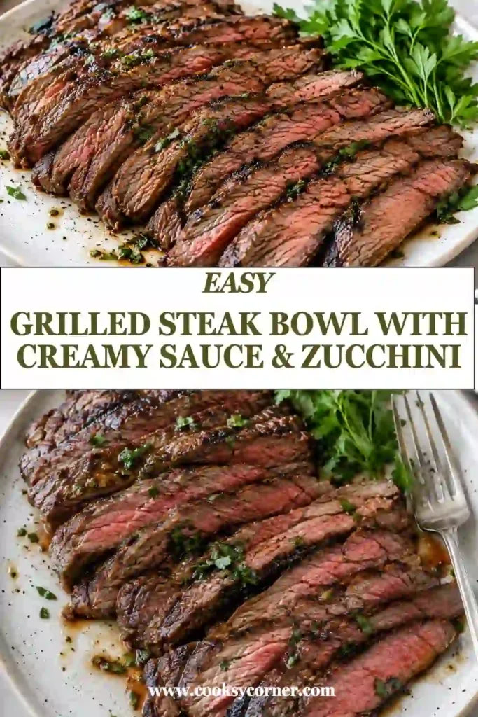 Quinoa steak bowl topped with tender grilled steak and charred zucchini slices. Creamy steak sauce adds a smooth and tangy contrast to the smoky grilled ingredients