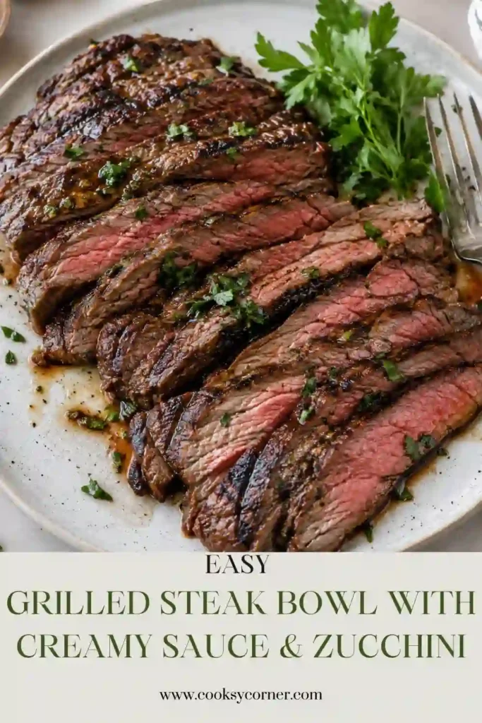 Grilled Steak Bowl filled with sliced juicy steak, fluffy quinoa, and smoky grilled zucchini. A creamy garlic Dijon sauce is drizzled over the top for a rich, savory finish.
