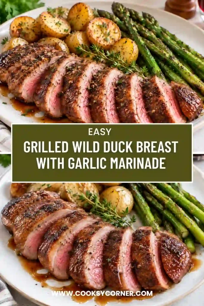 Boneless wild duck breast halves cooking on a grill with visible grill marks. The duck is coated in a garlic and Worcestershire marinade.
