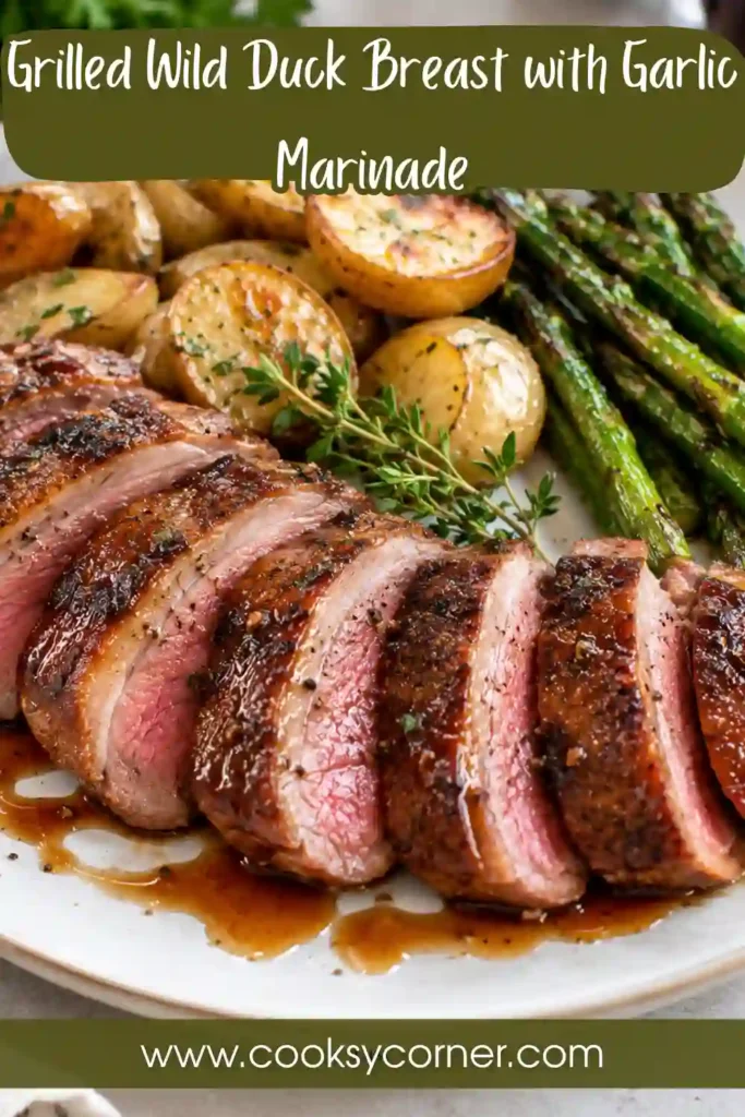 Sliced grilled wild duck breast arranged on a serving plate after resting. The duck has a browned exterior and evenly cooked interior.