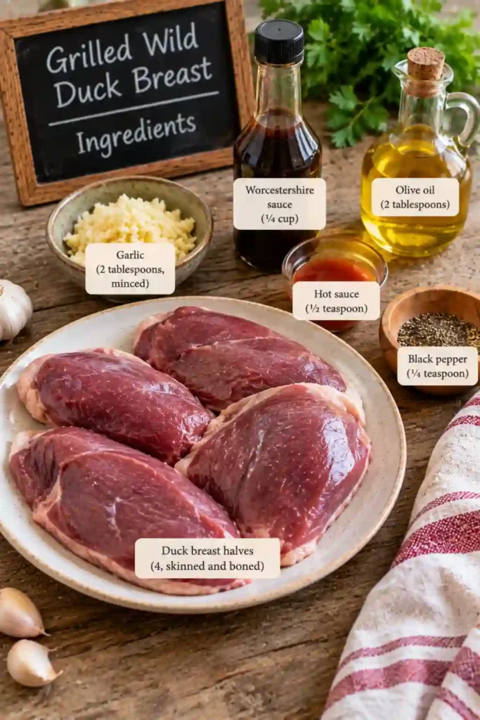 Raw wild duck breast halves coated in a garlic marinade in a mixing bowl. Worcestershire sauce, olive oil, hot sauce, and black pepper season the meat before grilling.