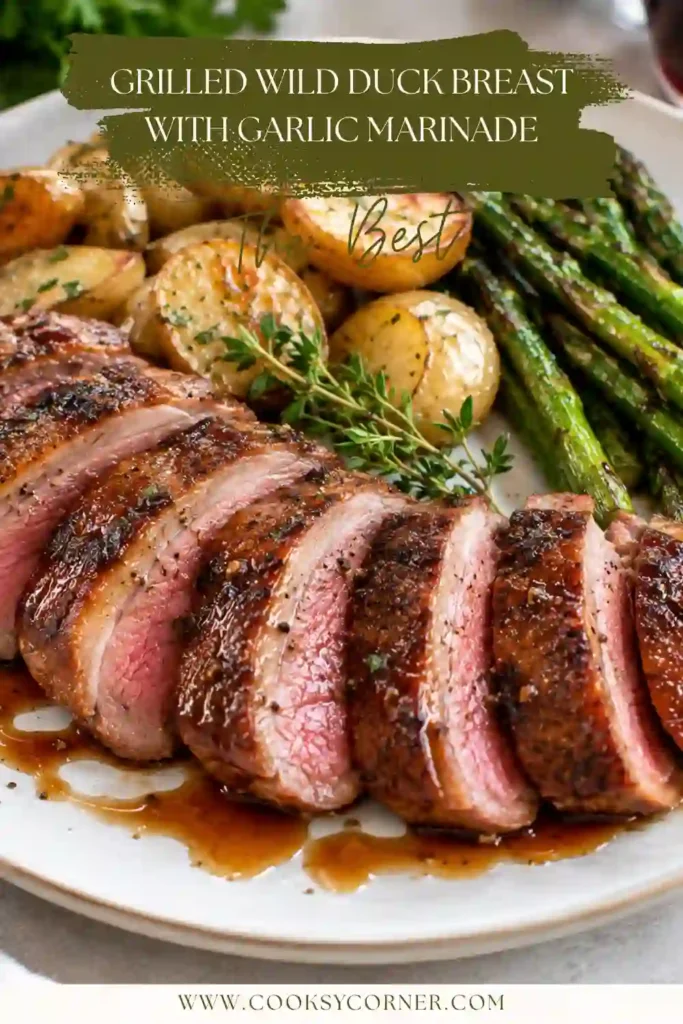 Grilled wild duck breast served on a plate with dark grill marks and a savory garlic marinade. The cooked duck rests beside a simple vegetable side.