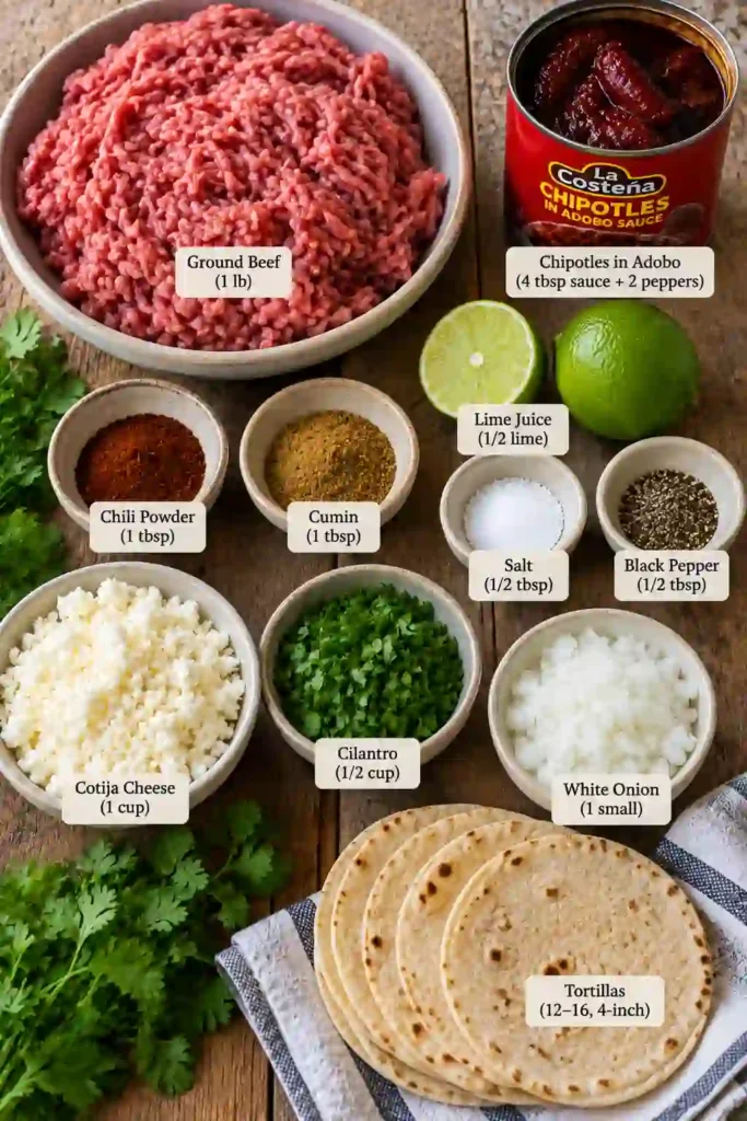 Chipotle beef tacos served in warm street-size tortillas with crumbly cheese, chopped cilantro, and diced onion. Fresh lime wedges sit alongside the tacos for serving.