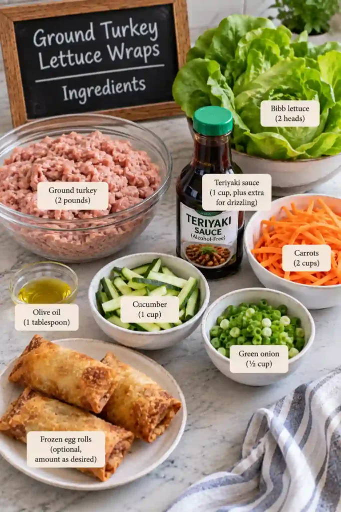 Cooked teriyaki ground turkey served beside bibb lettuce leaves, sliced cucumber, carrots, and green onions. The ingredients are ready to assemble into lettuce wraps