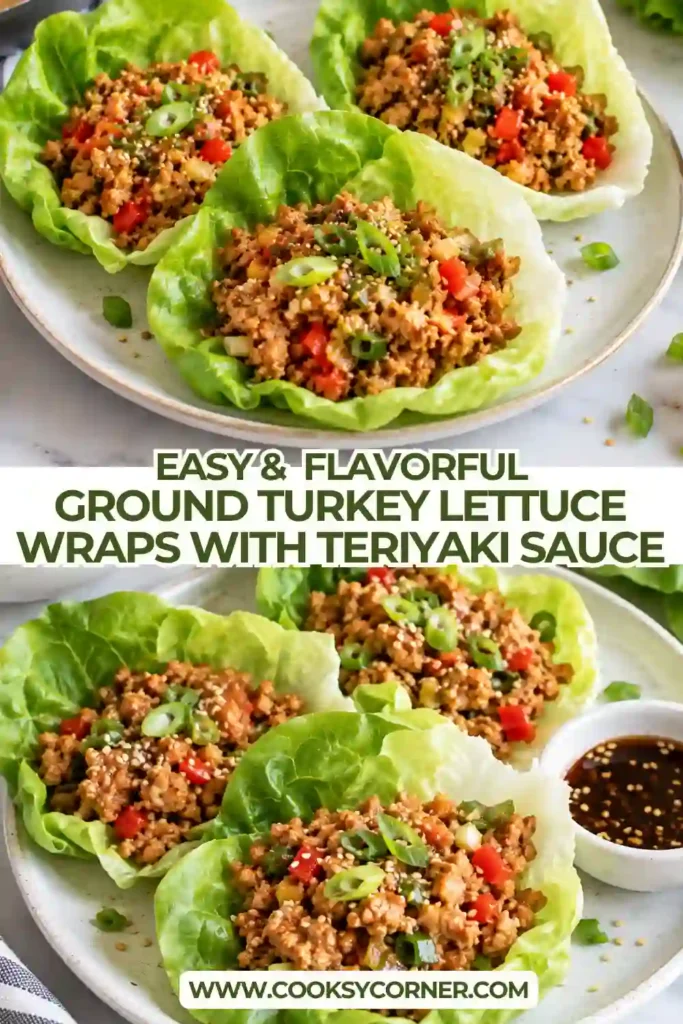 Close-up of teriyaki ground turkey spooned into a bibb lettuce leaf. The glossy turkey filling is topped with crunchy vegetables and green onions.