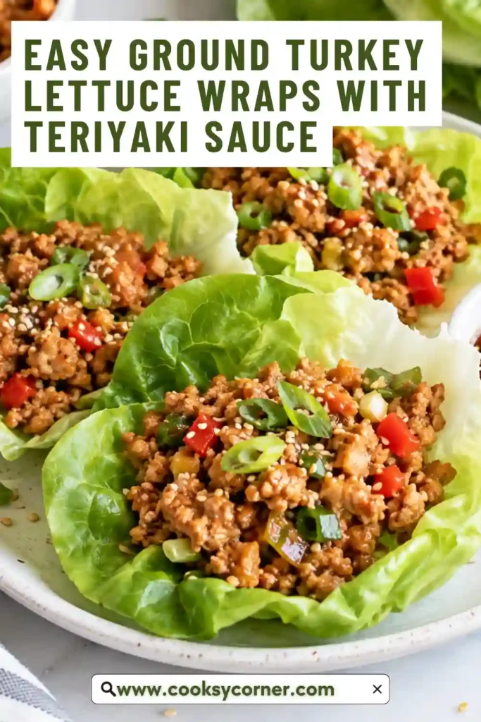 Ground turkey lettuce wraps filled with glossy teriyaki turkey, cucumber, carrots, and sliced green onions. The filling is served in fresh bibb lettuce leaves.