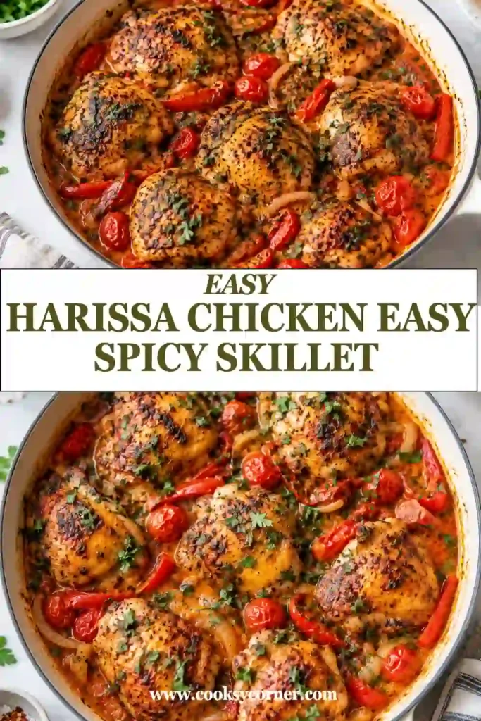 Skillet harissa chicken made with chicken breast, harissa paste, garlic, cumin, paprika, and olive oil. The tender chicken pieces are browned and served with fresh herbs.