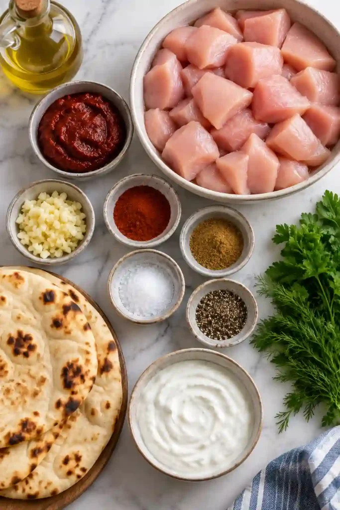 Spicy Harissa Chicken served with warm flatbread and a cool Greek yogurt sauce. The juicy marinated chicken has smoky spices, golden edges, and a vibrant harissa coating.