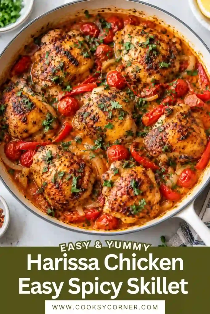 Harissa Chicken served over warm naan with creamy Greek yogurt sauce and fresh herbs. The chicken is coated in a spicy harissa marinade with garlic, paprika, and cumin.