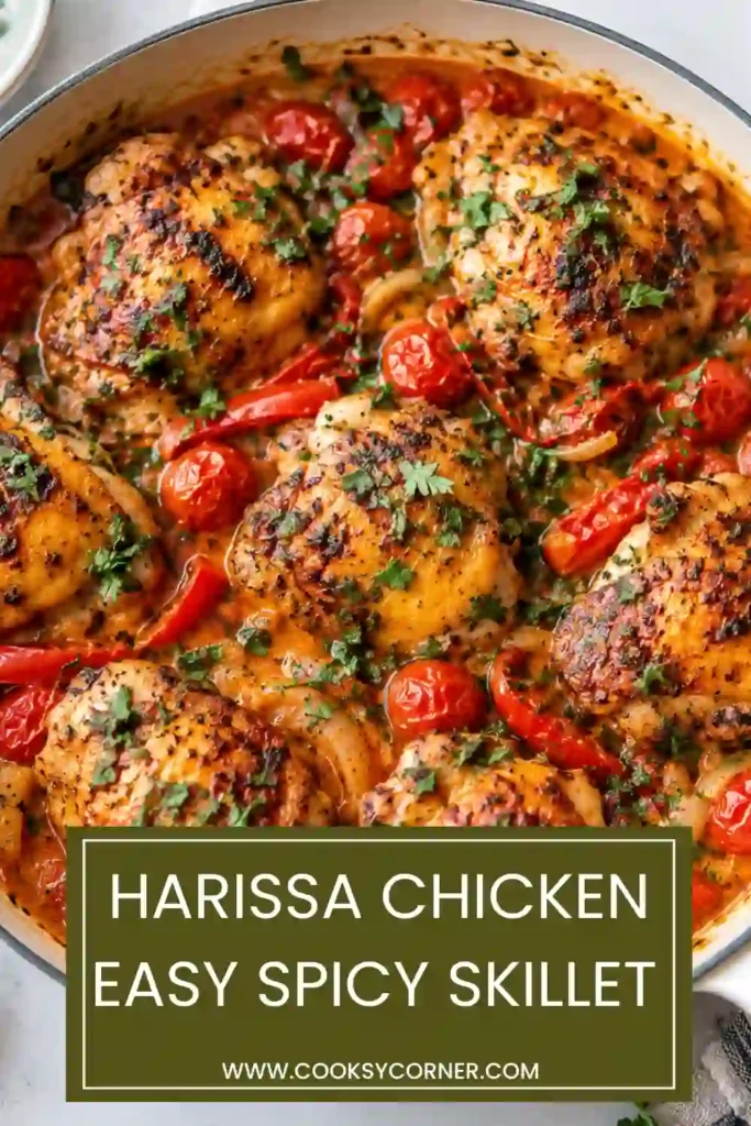 Easy Harissa Chicken with browned chicken breast pieces, naan, fresh parsley, and creamy yogurt sauce. The spicy chicken has a vibrant red harissa coating and caramelized edges.