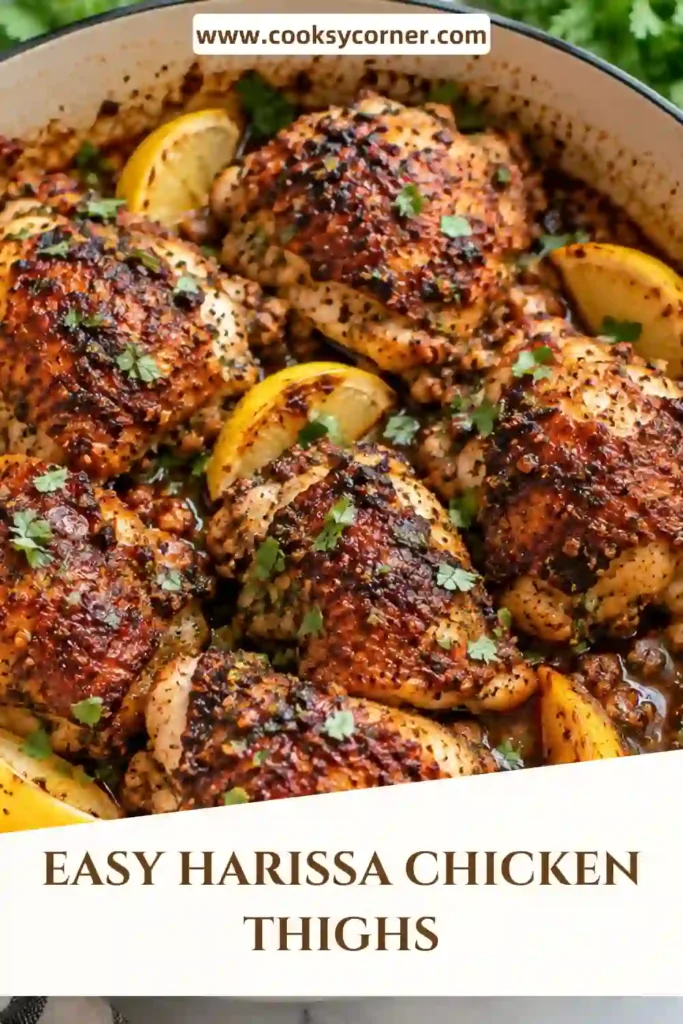 Tender baked chicken thighs with roasted tomatoes and olives covered in a savory harissa tomato sauce. This Mediterranean-inspired chicken dinner is finished with fresh lemon-herb gremolata.
