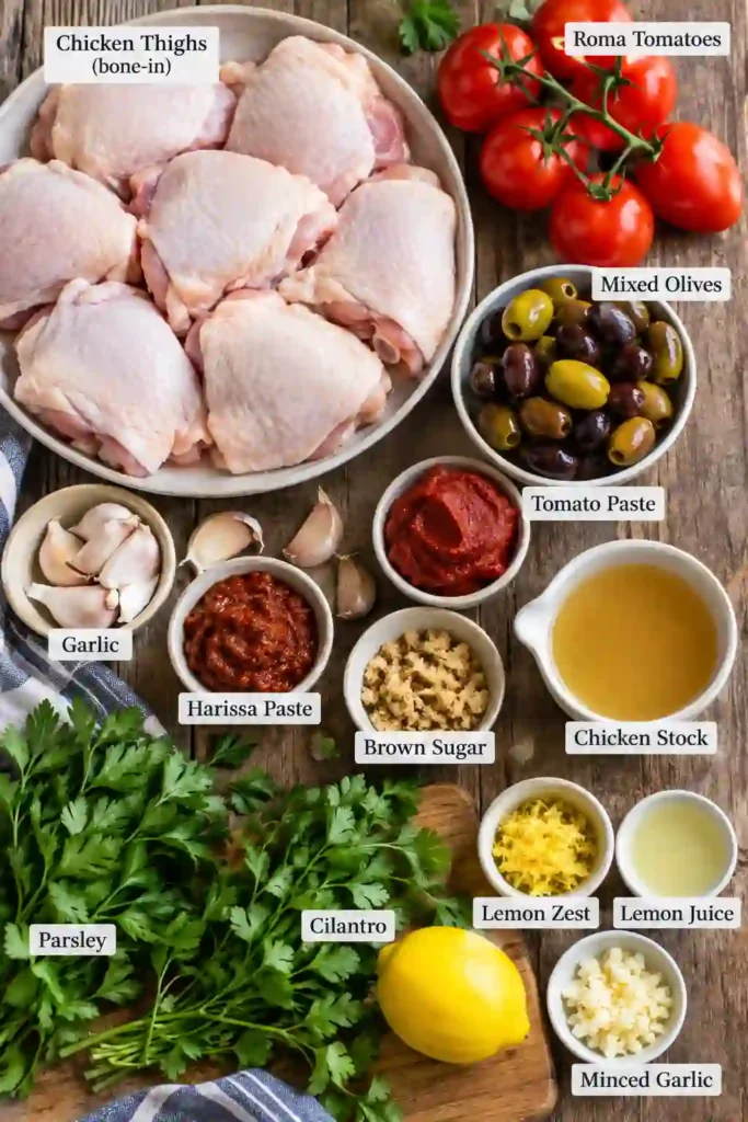 Chicken with olives and tomatoes roasted in a flavorful harissa sauce until tender. Fresh green gremolata contrasts with the rich red sauce and golden baked chicken thighs.