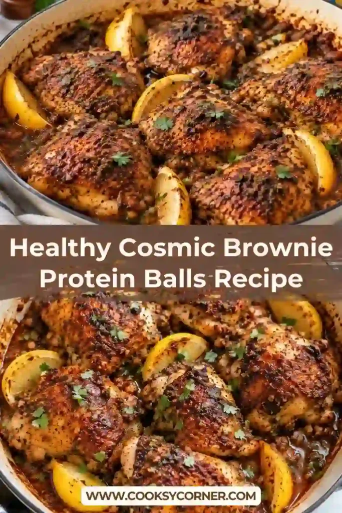 Oven-roasted Harissa Chicken Thighs surrounded by juicy tomatoes, mixed olives, and garlic. The spicy chicken dinner is topped with fresh parsley, cilantro, lemon, and garlic gremolata.