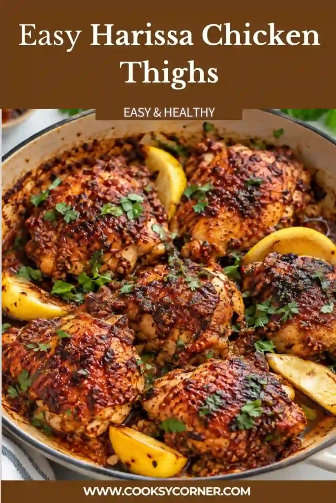 Harissa Chicken Thighs roasted with Roma tomatoes, mixed olives, and garlic in a rich tomato harissa sauce. Fresh parsley and cilantro gremolata adds a colorful finish.