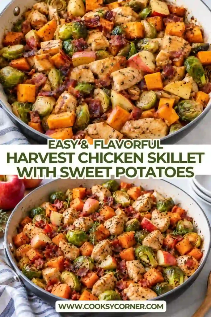 Chicken sweet potato skillet filled with browned chicken, Brussels sprouts, Granny Smith apples, and fresh thyme. A hearty seasonal skillet dinner with colorful vegetables.