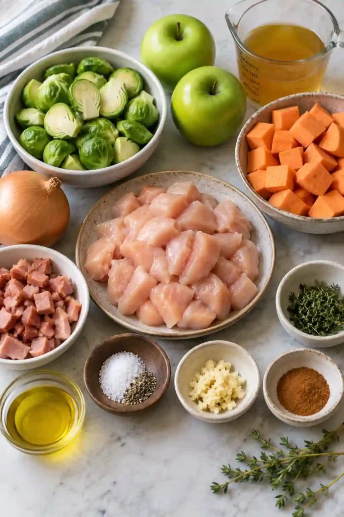 Harvest Chicken Skillet featuring juicy chicken, golden sweet potatoes, tender Brussels sprouts, and apples. Fresh thyme adds color and seasonal flavor to this easy dinner.