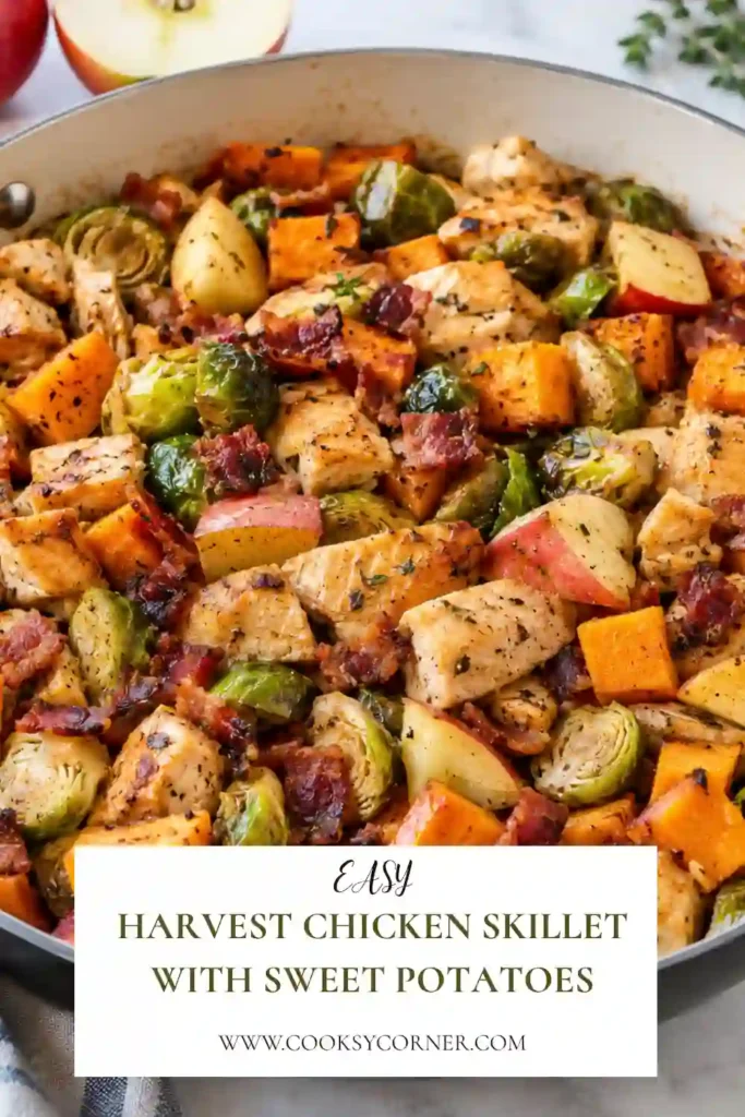 Harvest Chicken Skillet with tender chicken, cubed sweet potatoes, Brussels sprouts, apples, and turkey ham cooked in one pan. This colorful one-pan chicken dinner has warm fall flavors.