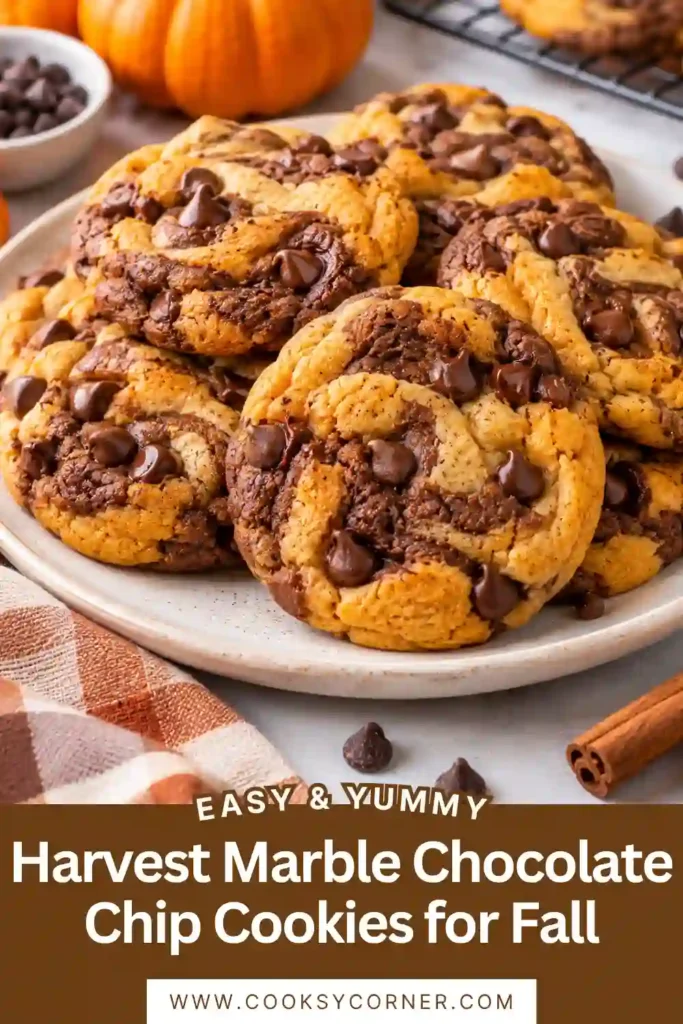 Fall chocolate chip cookies with orange and brown marbled dough arranged on a rustic serving tray. Chocolate chips are visible throughout the colorful harvest cookies.