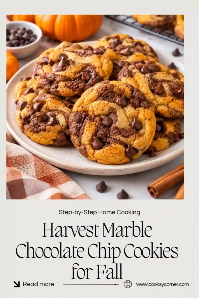 Close-up of a harvest marble chocolate chip cookie showing orange, brown, and cream-colored dough with melted chocolate chips. The cookie has a soft center and lightly crisp golden edge.