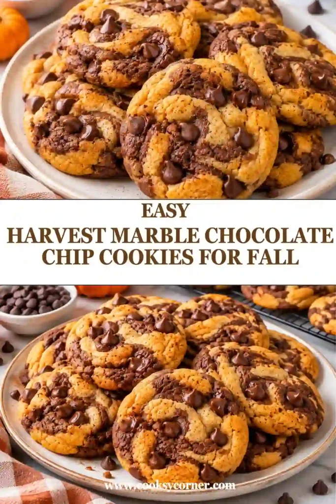 Harvest Marble Chocolate Chip Cookies with orange, brown, and natural cookie dough swirled together and filled with chocolate chips. The freshly baked fall cookies have lightly golden edges and soft centers.