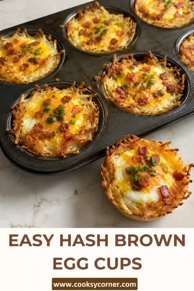 Homemade hash brown egg muffins featuring crunchy shredded potato nests surrounding cheesy baked eggs and turkey bacon. Chopped chives finish the easy breakfast cups.