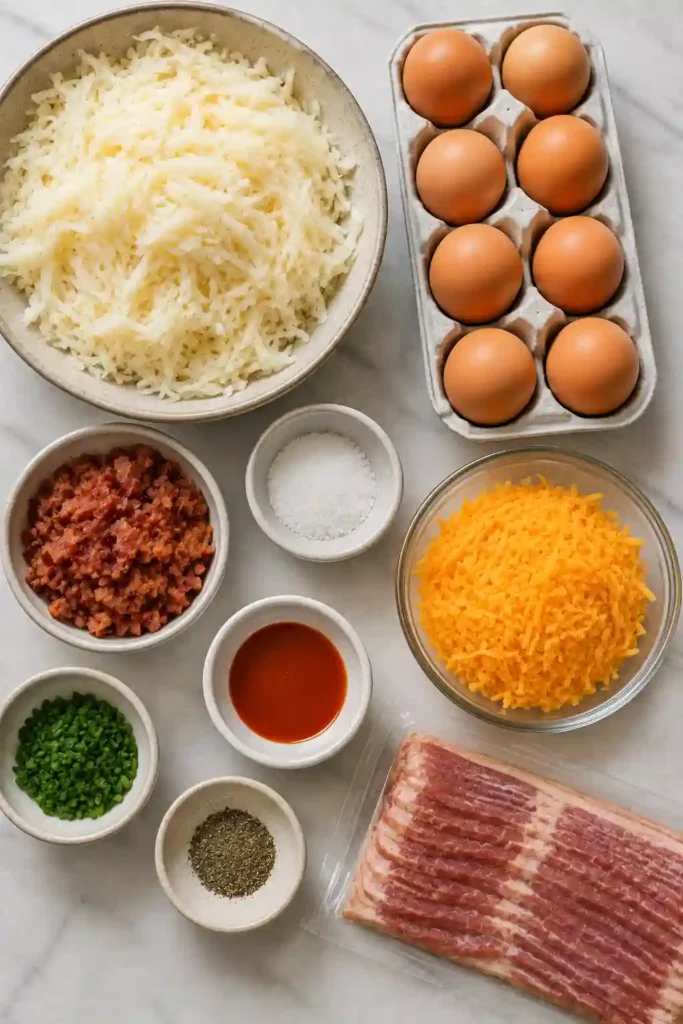 Golden potato egg cups baked in a muffin pan with seasoned eggs, sharp cheddar cheese, and savory turkey bacon. The crisp hash brown edges contrast with the soft egg filling.