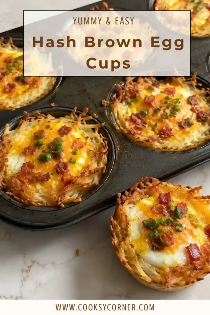 Crispy hash brown breakfast cups filled with fluffy eggs, melted sharp cheddar, and crumbled turkey bacon. The individual egg cups are baked until golden and garnished with fresh herbs.