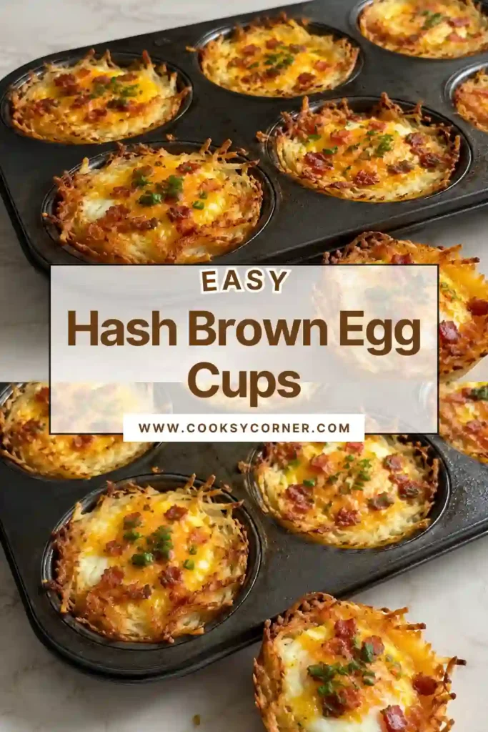 Hash Brown Egg Cups with crispy golden potato edges and baked egg centers filled with cheddar and turkey bacon. Fresh chopped chives add a bright green garnish to the individual breakfast cups.