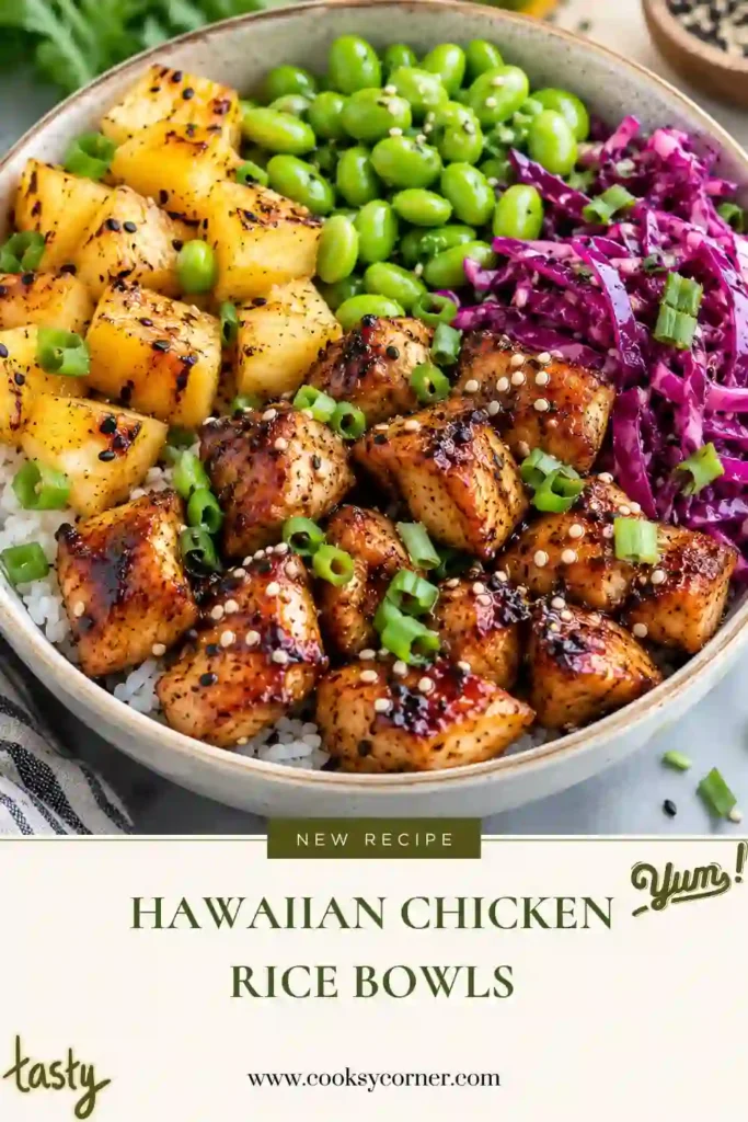 Overhead view of Hawaiian chicken rice bowls with fluffy jasmine rice, glazed chicken, pineapple chunks, and sliced red bell peppers. Fresh green onions and sesame seeds add color and texture to this easy 30-minute chicken dinner.