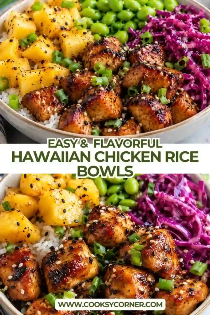 Close-up of sweet and savory Hawaiian chicken with pineapple, coated in a thick, glossy homemade sauce. Tender golden chicken pieces and juicy pineapple chunks create a delicious topping for easy chicken rice bowls.