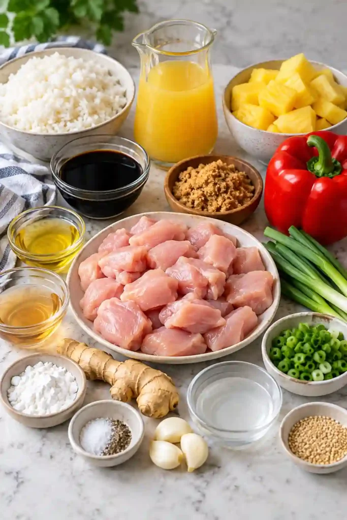 Four Hawaiian chicken rice bowls prepared with tender chicken, pineapple chunks, bell peppers, and jasmine rice. These colorful sweet and savory chicken bowls make an easy family dinner or convenient meal prep option.