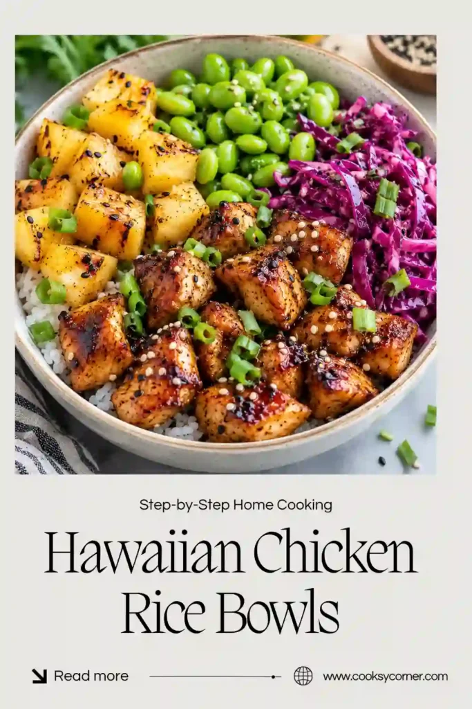 Hawaiian chicken rice bowls filled with tender glazed chicken, juicy pineapple chunks, and colorful red bell peppers over fluffy jasmine rice. A glossy sweet and savory pineapple sauce coats the chicken, finished with fresh green onions and sesame seeds.