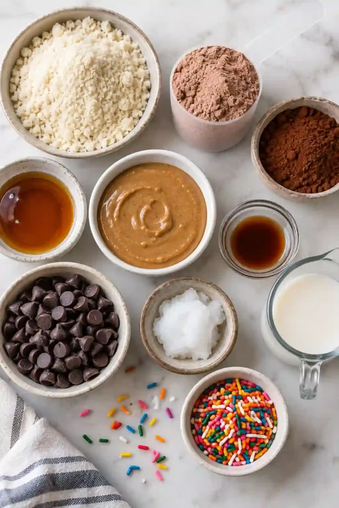 No-bake Healthy Cosmic Brownie Protein Balls made with chocolate protein powder, cocoa, almond flour, and creamy nut butter. The chocolate-covered protein bites are finished with bright rainbow sprinkles.