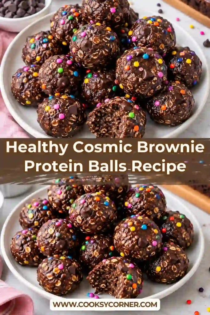 Chocolate protein balls covered in melted chocolate and topped with rainbow candy sprinkles. The soft brownie-inspired centers are made with cocoa, almond flour, chocolate protein powder, and nut butter.