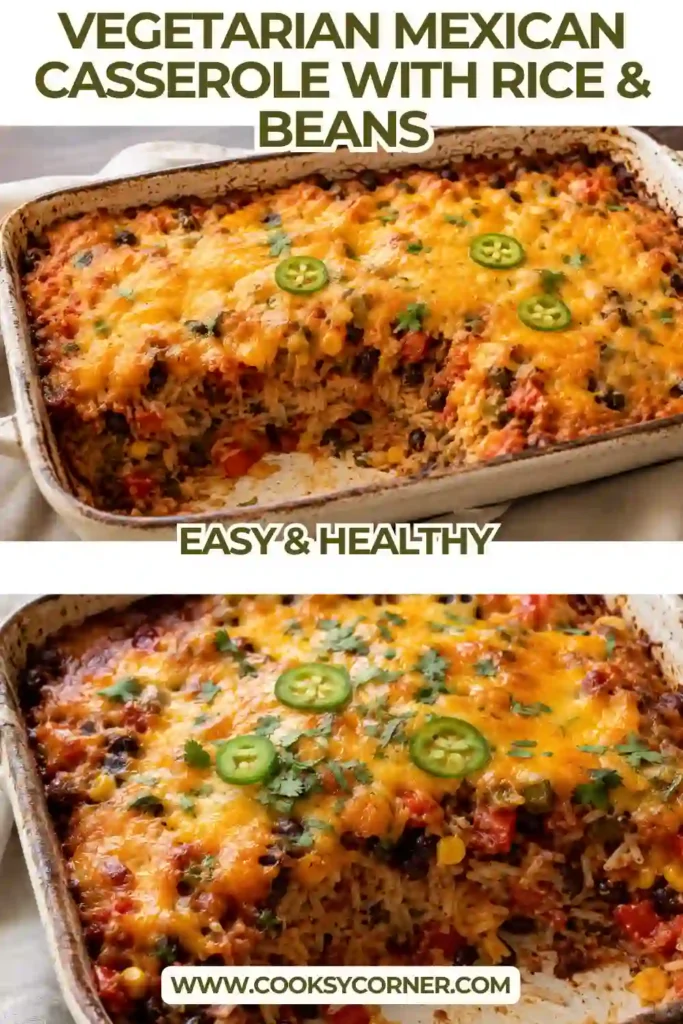 Mexican rice and bean casserole with colorful vegetables, black beans, sweet corn, cheddar cheese, and warm spices. The golden baked cheese topping is finished with cilantro and fresh jalapeño.