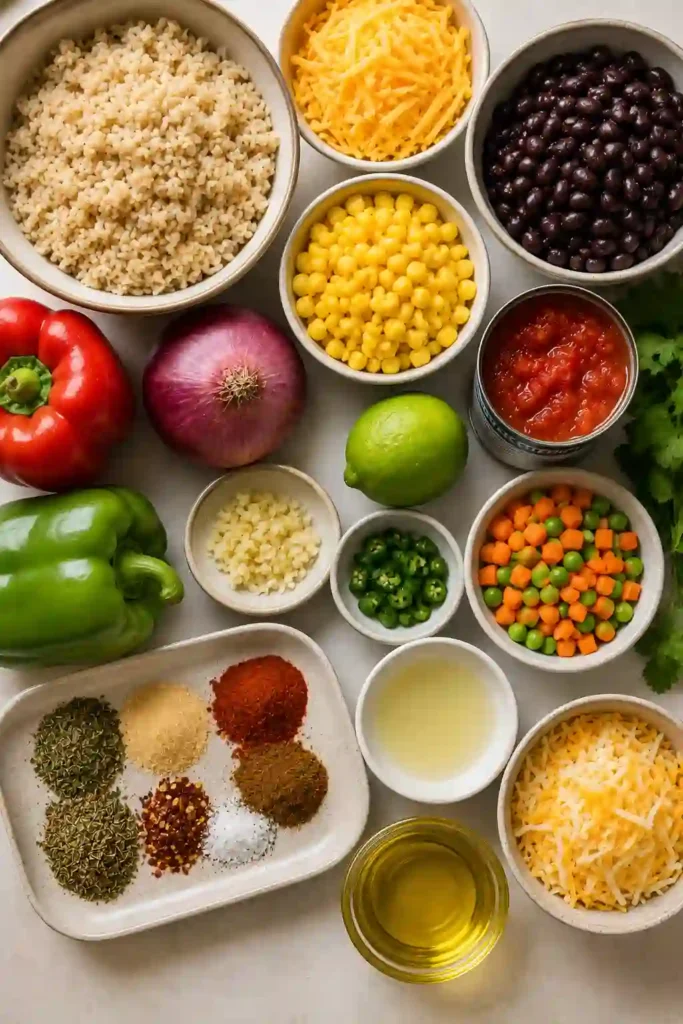 Healthy black bean casserole made with brown rice, corn, bell peppers, tomatoes, cumin, lime, and melted cheese. The hearty vegetarian dinner is garnished with cilantro and sliced green jalapeños.