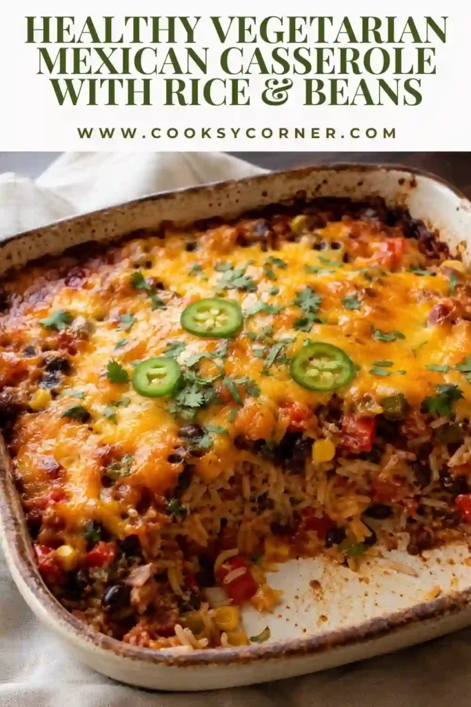 Vegetarian Mexican casserole filled with brown rice, black beans, fire-roasted tomatoes, corn, bell peppers, and bubbling cheese. Fresh cilantro and jalapeño slices add a bright finish to the meatless dinner.